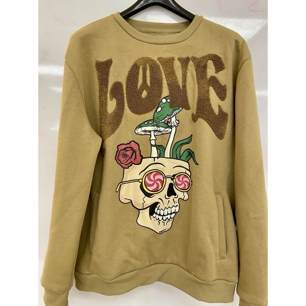 Reason XL Love Hate Mushroom Skull Chenille Graphics Sweatshirt Tan Streetwear
